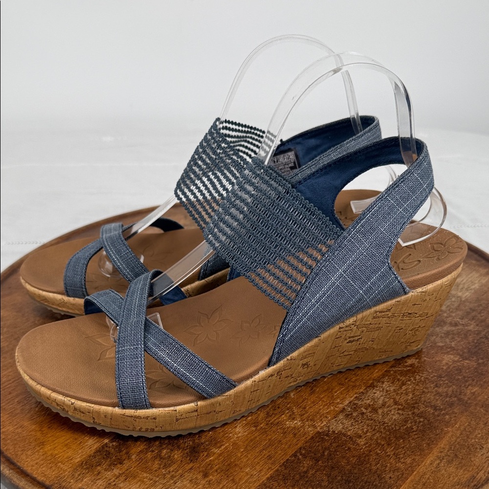 Skechers Sandals Wm 10 Cork Wedge Heel Blue Stretch Strappy Luxefoam Comfort